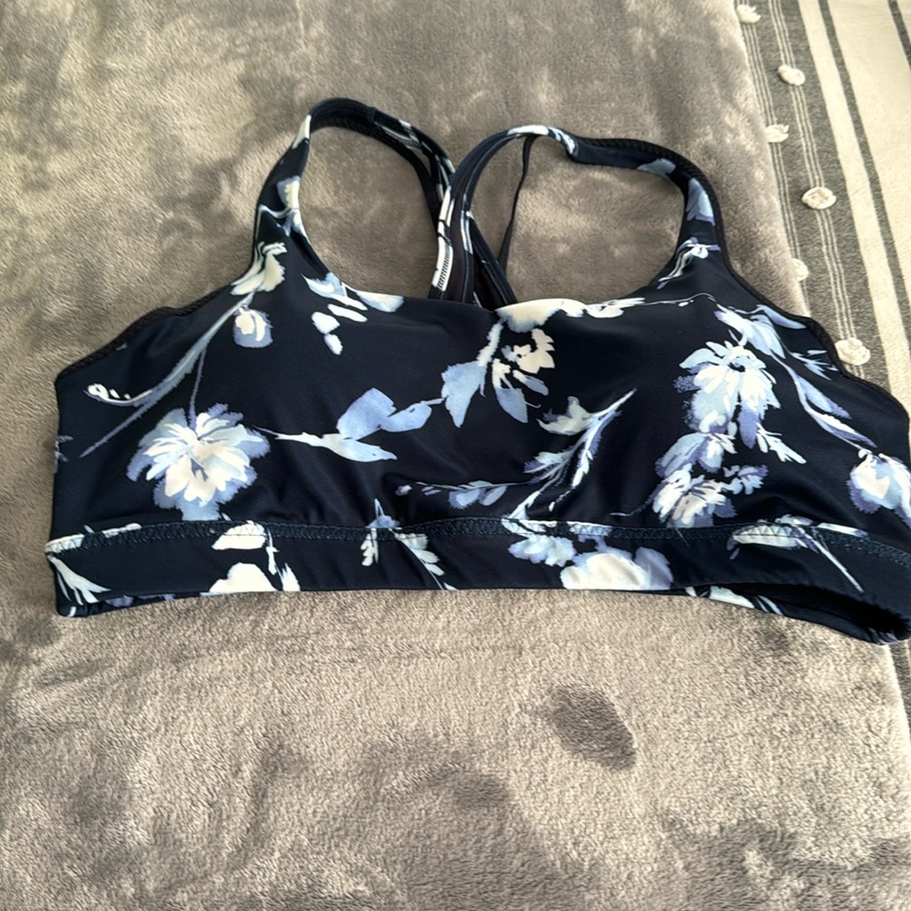 Athleta Sports Bra, multi color-navy blue, white & purple flowers. Size XL